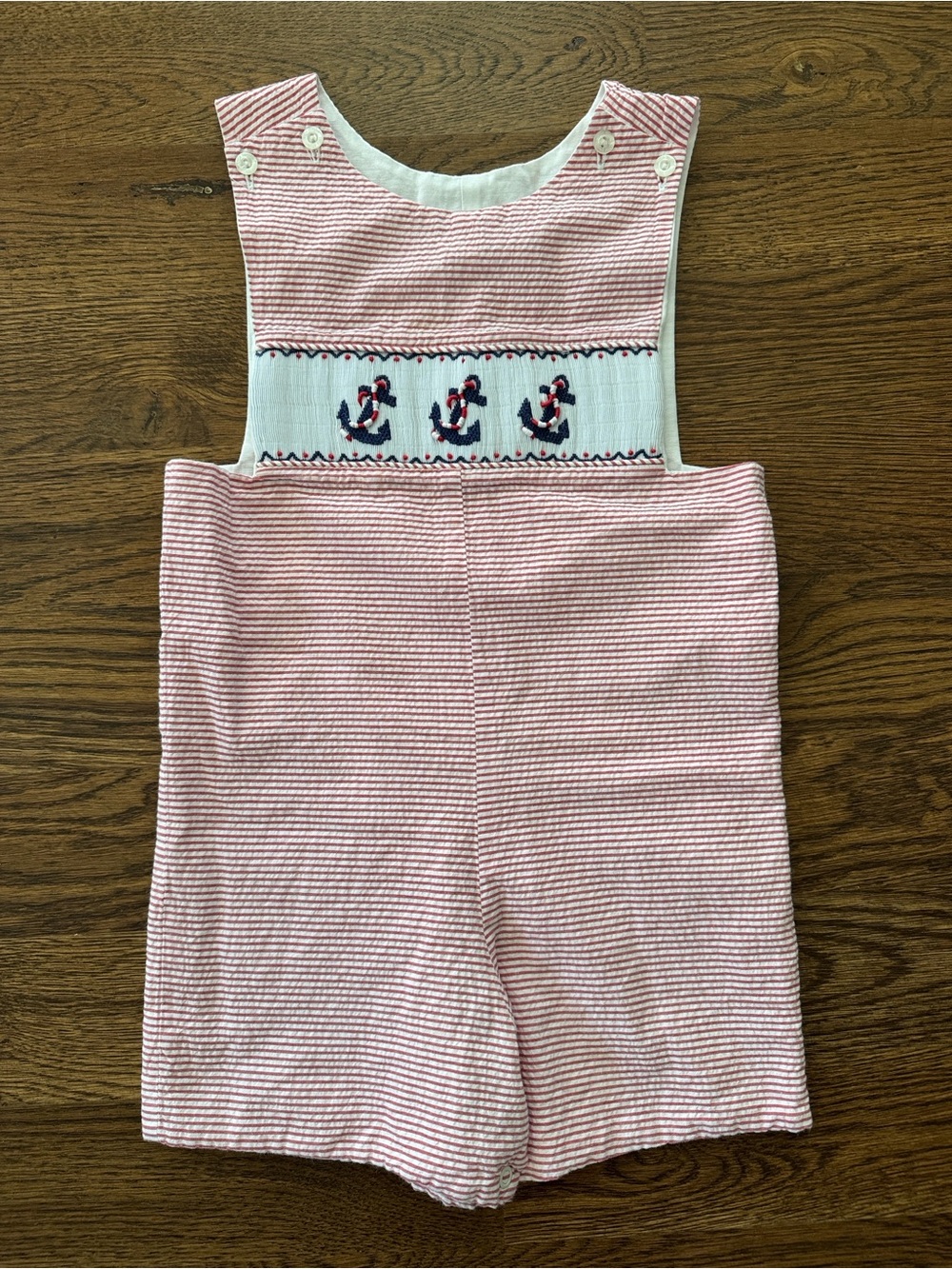 Little English Light Red Seersucker Smocked Shortall - Anchors